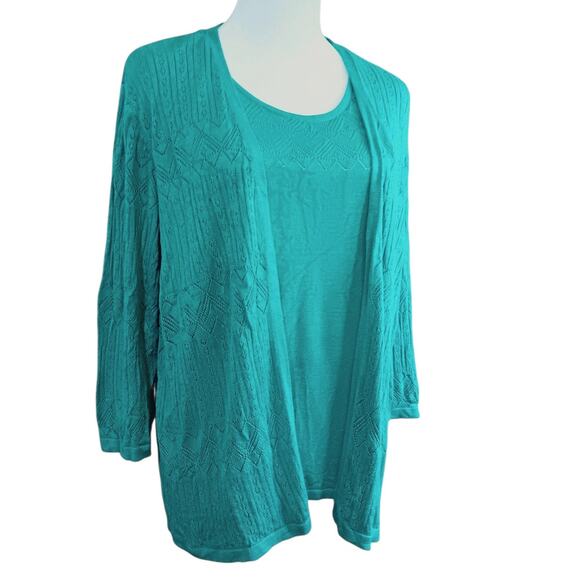 ALFRED DUNNER Sweater Cardigan Cami XL Attached Twinset Turquoise Teal Knitted - Picture 2 of 11